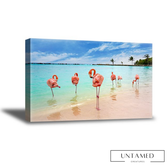 Pink Turquoise Canvas Flamingo Frame with Tropical Seascape Theme Wall Decor