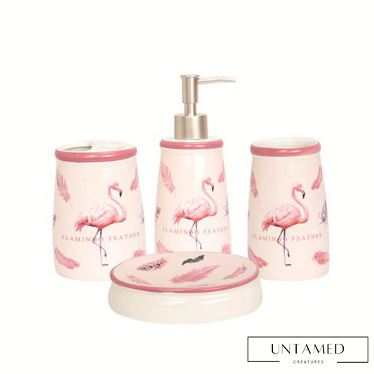 4 Pieces Set Flamingo Bathroom Accessory