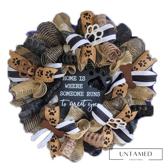 Brown Black Burlap Dog Door Wreath with Home is Where Someone Runs To Greet You Text Wall Decor
