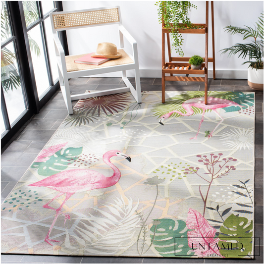 Pink Polyester Flamingo Decorative Rug with Tropical Design Room Decor