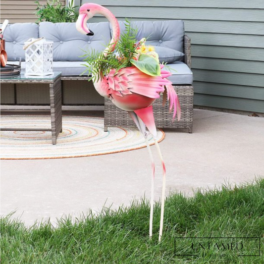 Pink Metal Flamingo Statue with Built-in Flowerpot Outdoor Garden Decor