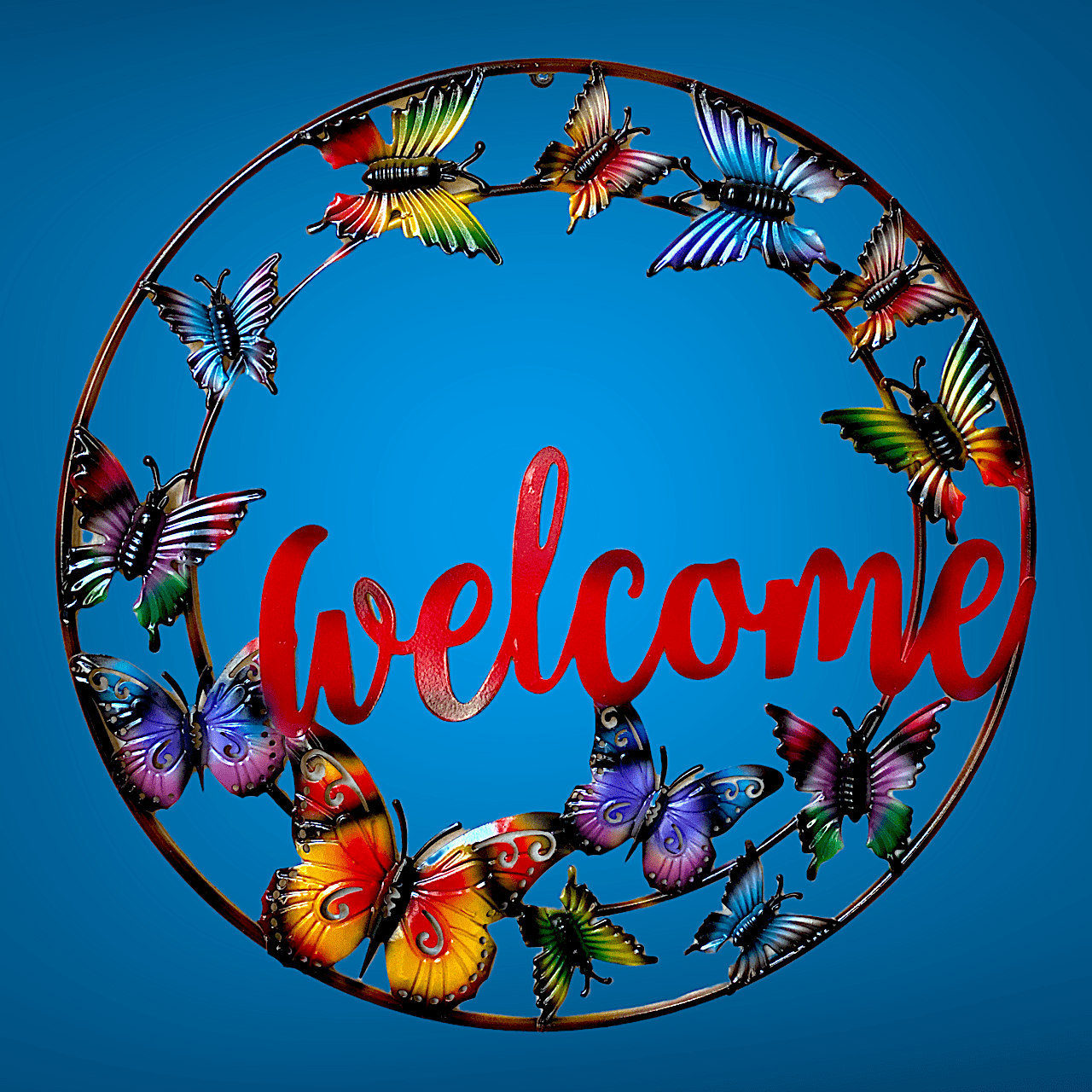 Vibrant Butterfly Welcome Metal Wall Sign