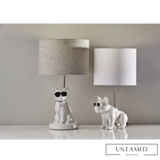 White Resin Dog Table Lamp with Black Sunglasses Design Room Decor