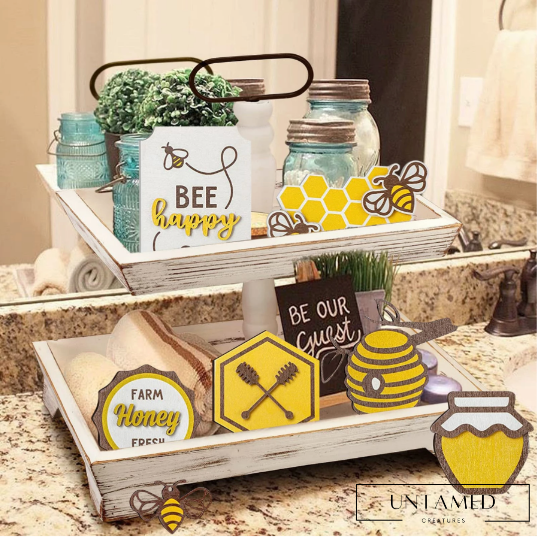 Yellow White Wood Bee Tray Sign Set with Honey Jar and Text Kitchen Decor