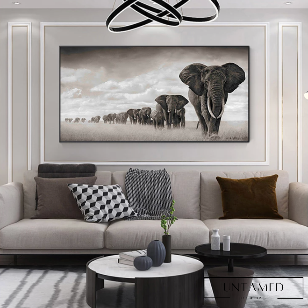 Black Canvas Elephant Artwork with African Scene Wall Decor