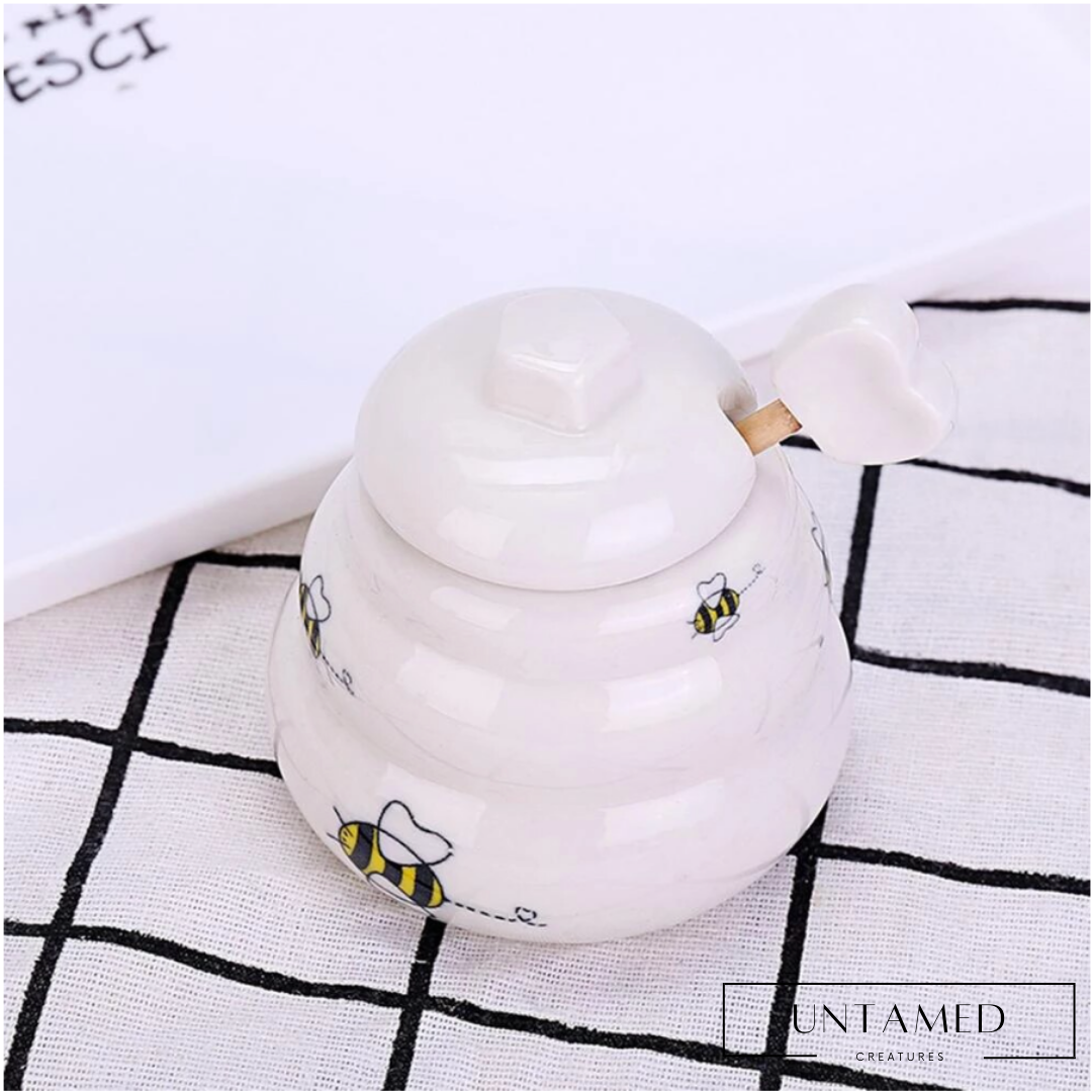 Mini Ceramic Bee Honey Pot with Dipper