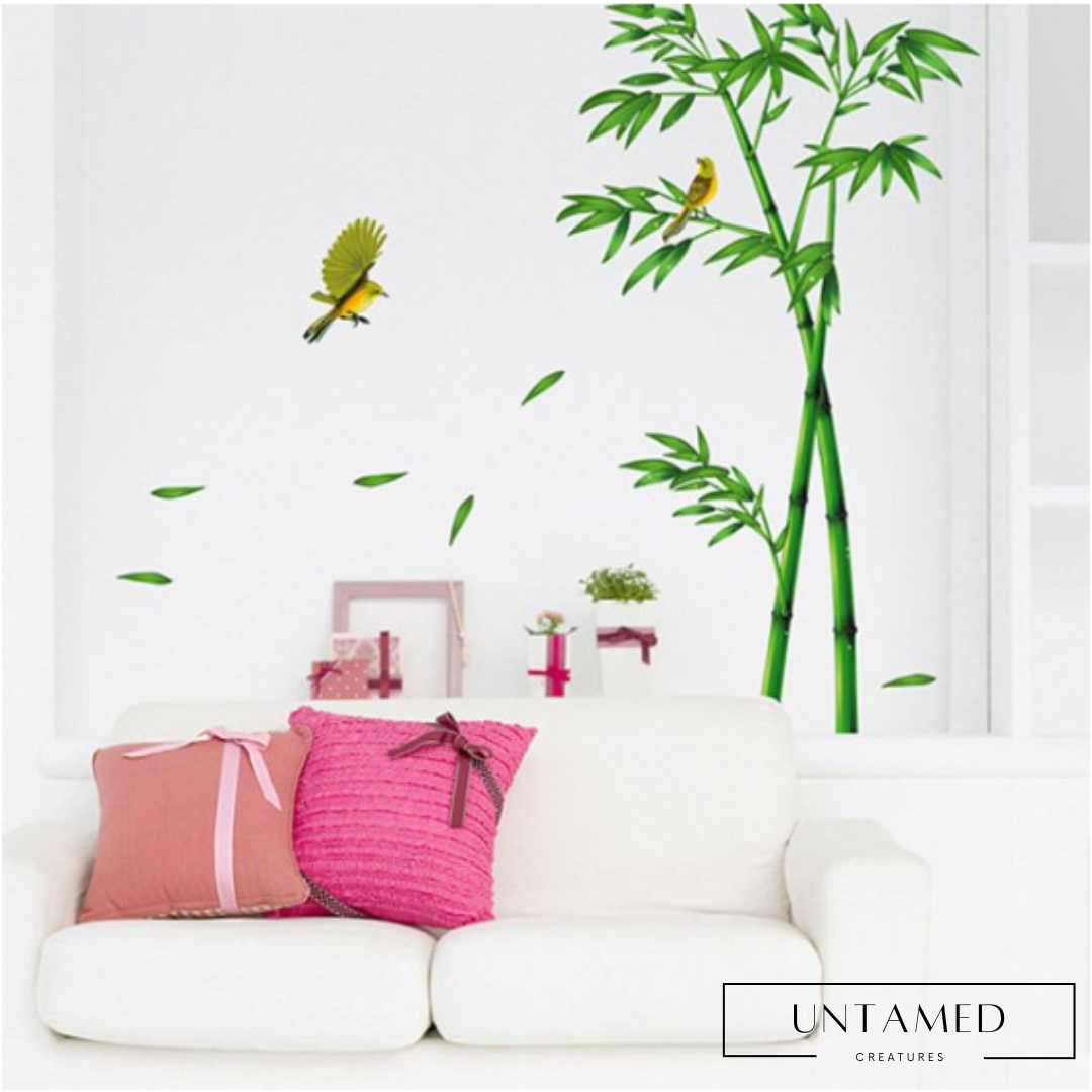 Green Eco-Friendly Bird Wall Sticker with Watercolor Bamboo Design Room Decor
