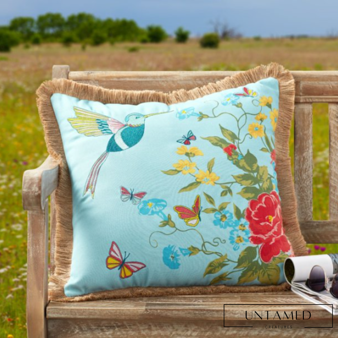 Sweet Rose Embroidered Bird Outdoor Pillow