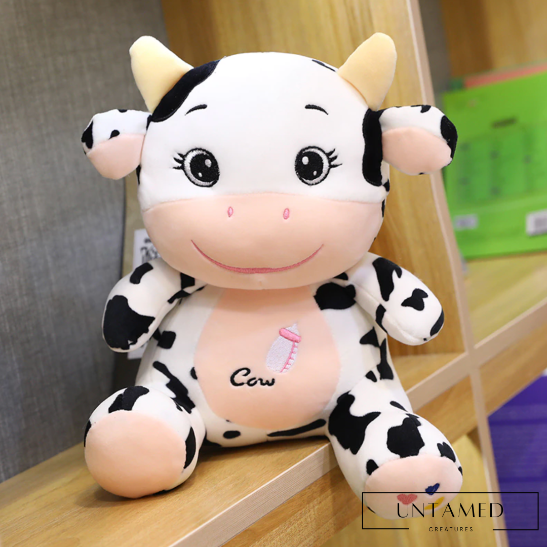 Pink and White Cotton Baby Cow Stuffed Toy with Cow Text Design Nursery Decor