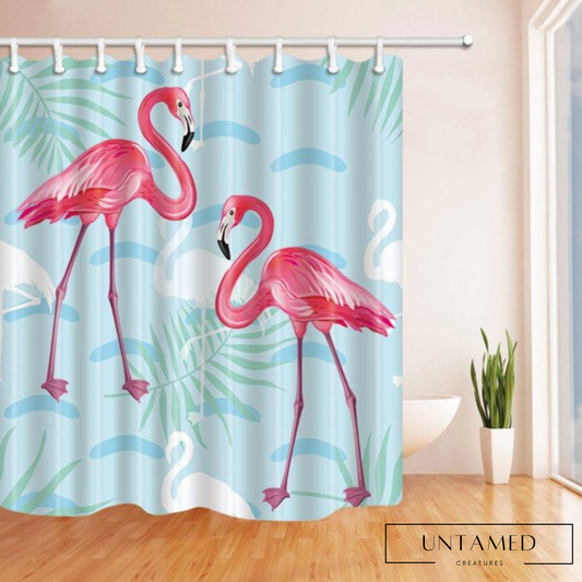 Pink Turquoise Polyester Flamingo Shower Curtain with Tropical Design Bathroom Decor
