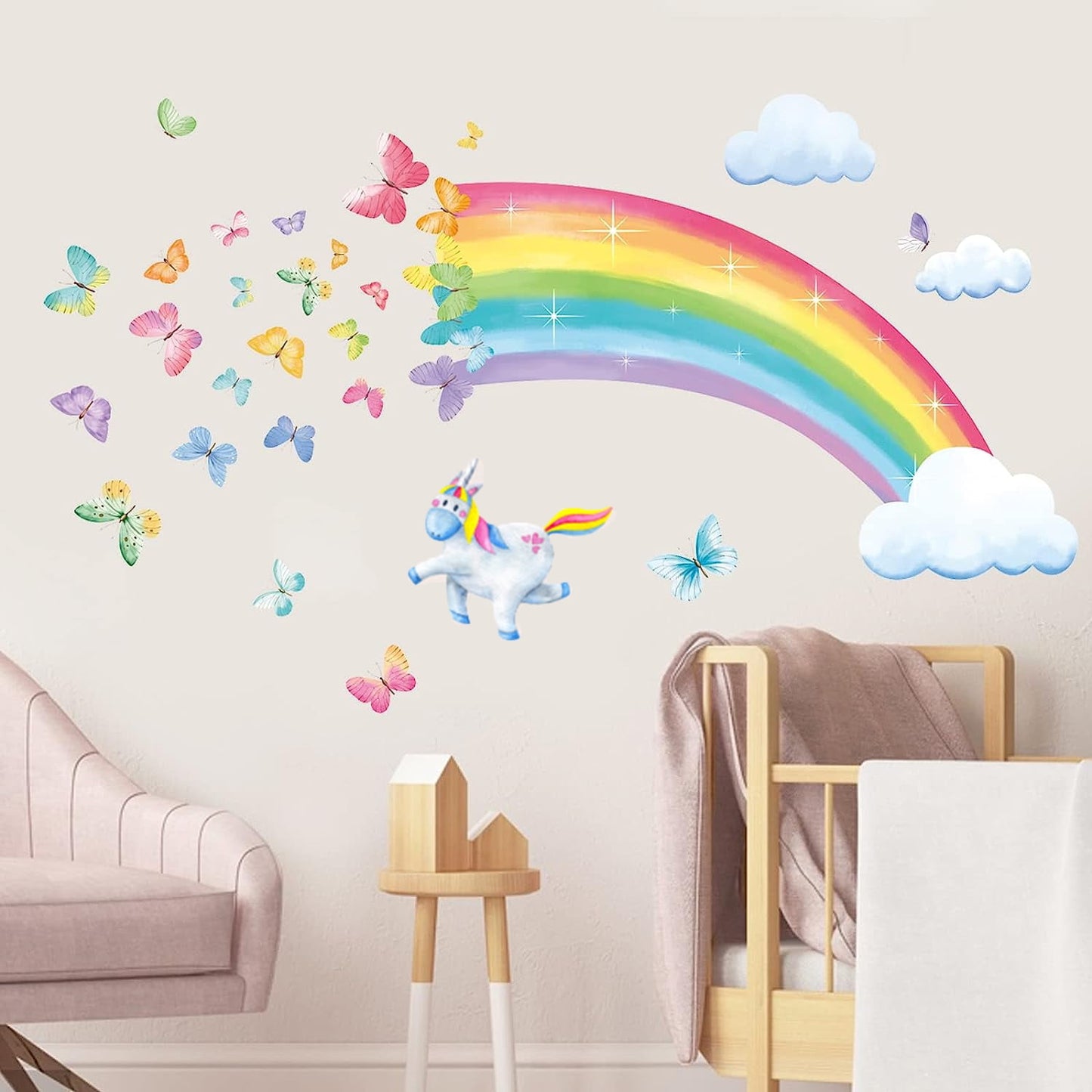 Rainbow Fantasy Room Decals - Unicorn & Butterflies Wall Art