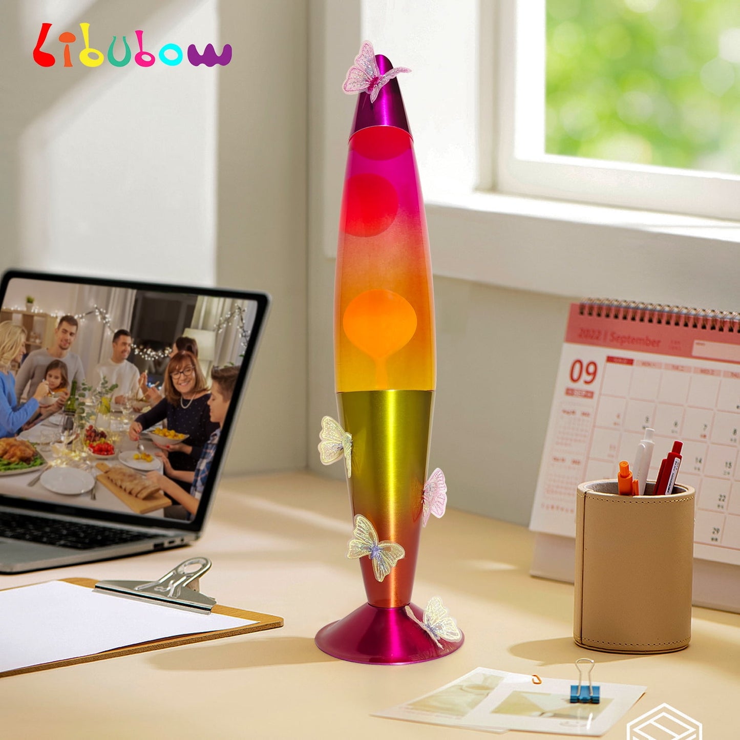 16" Rainbow Lava Motion Volcano Lamp with Butterfly Embroidery