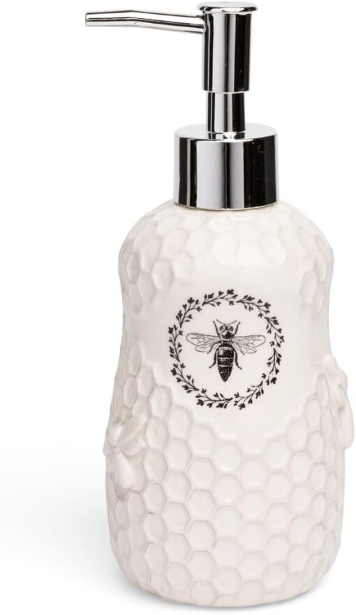 Ceramic Honey Bee Soap Dispenser with Embossed Honeycomb Design, White