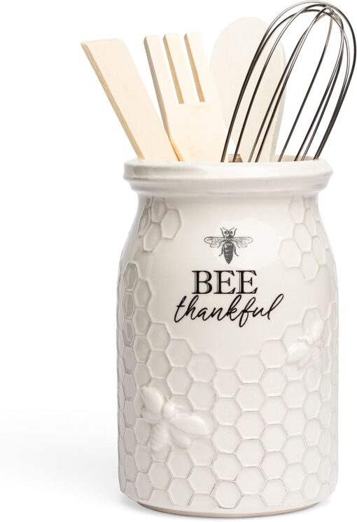 Ceramic Utensil Holder with 3 Wooden Tools - Farmhouse Bee Design