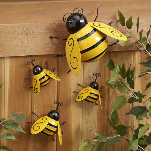 Set of 4 Metal Bumble Bee Wall Decor for Indoor and Outdoor Spaces
