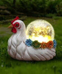 Solar Chicken Garden Statue with LED Light and Resin Succulent Decor