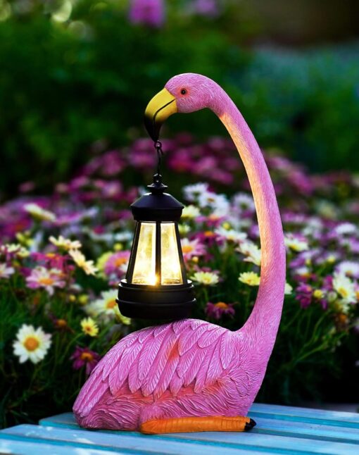 Solar Flamingo Statue with Lantern for Garden, Patio, Lawn Decor