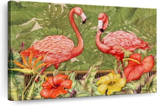 Tropical Flamingo Canvas Wall Art - 48x32, Green and Pink Decor