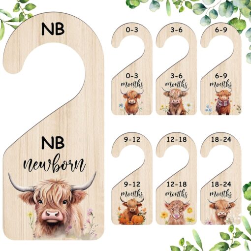 Wooden Baby Closet Dividers with Highland Cow Design, Newborn to 24 Months, 7 Pcs