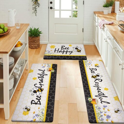 Yellow Bee-Themed Cushioned Anti-Fatigue Kitchen Mat Set of 3, Non-Slip Design